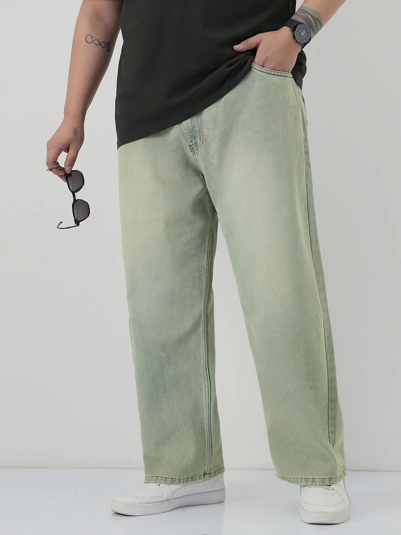Urbano Plus Men's Ice Grey Loose Baggy Fit Heavy Washed Jeans Non-Stretchable