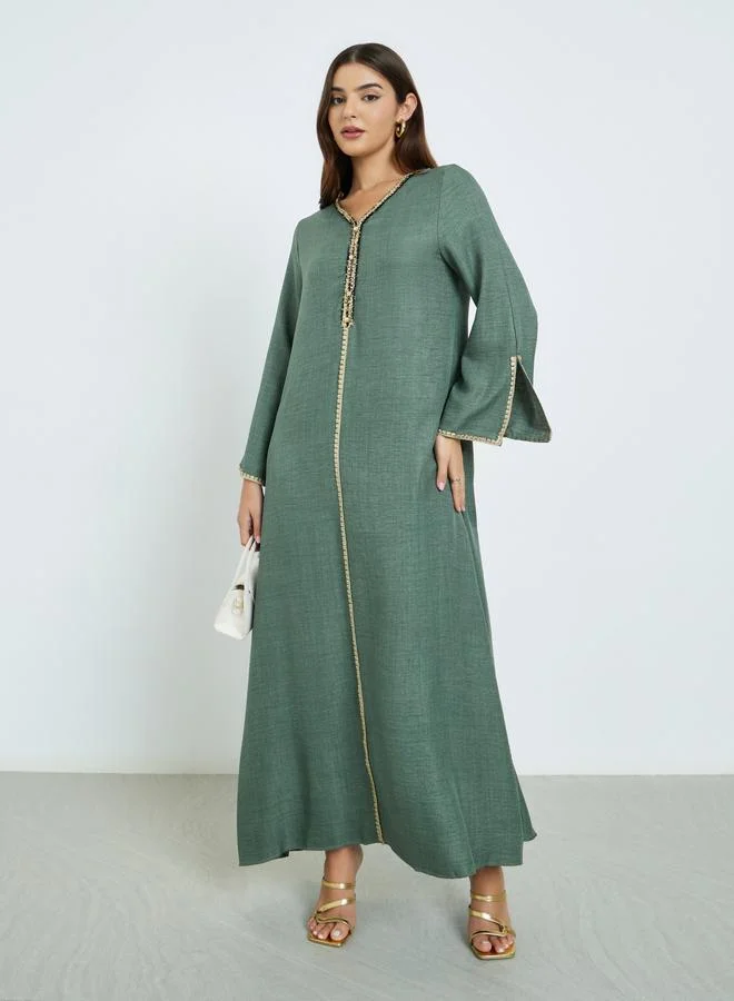 Amirah Olive Slit Sleeve A-Line Jalabiya