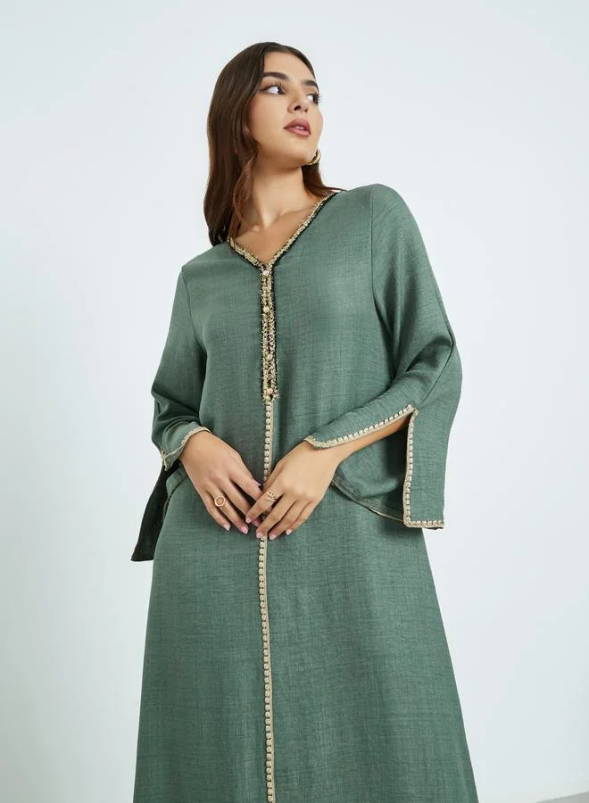 Amirah Olive Slit Sleeve A-Line Jalabiya