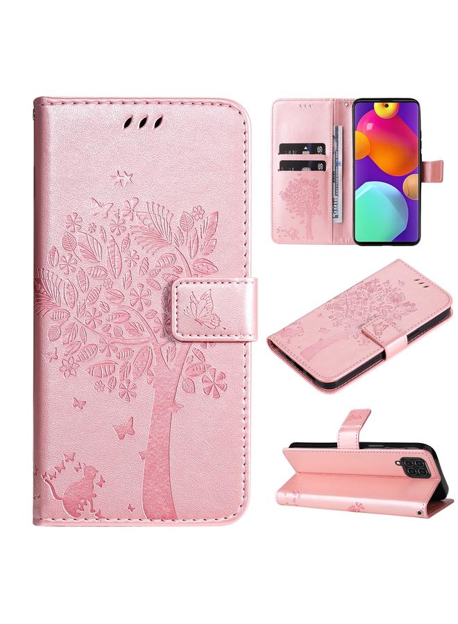 اس-توب جراب لهاتف Samsung Galaxy M62 / F62، جراب هاتف جلدي قلاب بنقشة شجرة وقط - Image 1