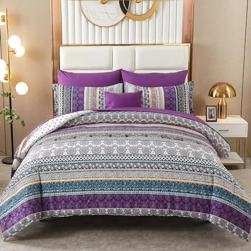 Cottolester Boho Comforter Set Queen Size,8 Piece Bed in a Bag Bohemian Striped Bedding Quilt Set,Purple Paisley Floral Comforter and Sheet Set,Soft Microfiber Complete Bedding Sets for All Season - Image 1