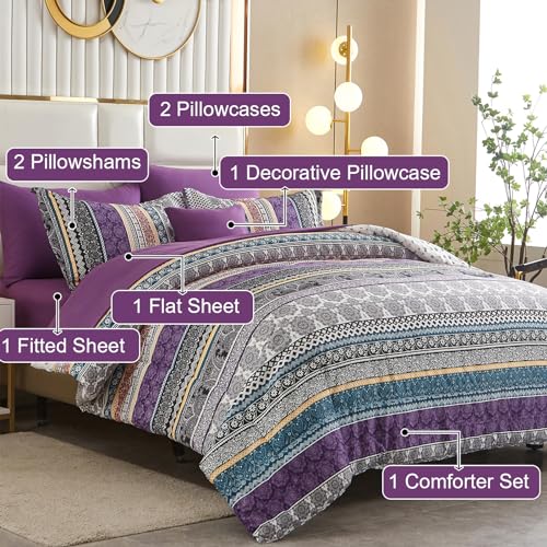 Cottolester Boho Comforter Set Queen Size,8 Piece Bed in a Bag Bohemian Striped Bedding Quilt Set,Purple Paisley Floral Comforter and Sheet Set,Soft Microfiber Complete Bedding Sets for All Season - Image 2