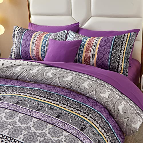 Cottolester Boho Comforter Set Queen Size,8 Piece Bed in a Bag Bohemian Striped Bedding Quilt Set,Purple Paisley Floral Comforter and Sheet Set,Soft Microfiber Complete Bedding Sets for All Season - Image 4