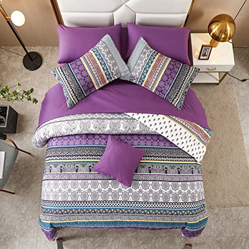 Cottolester Boho Comforter Set Queen Size,8 Piece Bed in a Bag Bohemian Striped Bedding Quilt Set,Purple Paisley Floral Comforter and Sheet Set,Soft Microfiber Complete Bedding Sets for All Season - Image 5