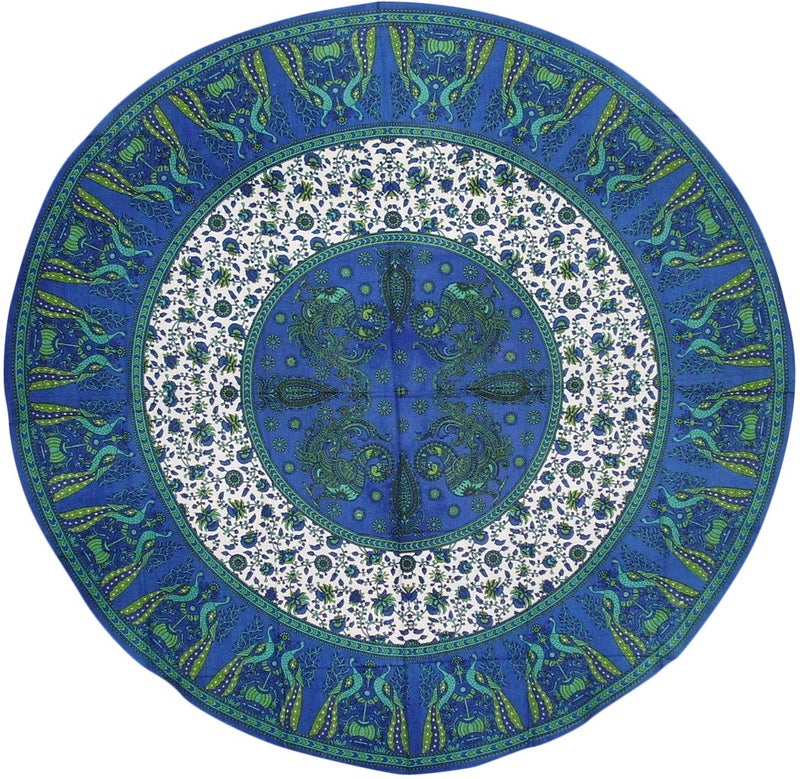 India Arts Floral Peacock Round Cotton Tablecloth 72 Blue