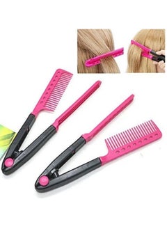 2-Piece Folding V Comb Hair Straightener Hairdressing Salon Straightening Brush Pink/Black