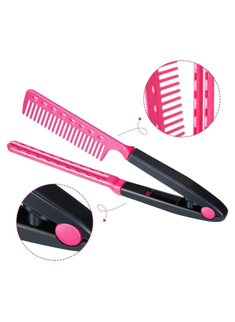 Generic - 2-Piece Folding V Comb Hair Straightener Hairdressing Salon Straightening Brush Pink/Black - Image 1
