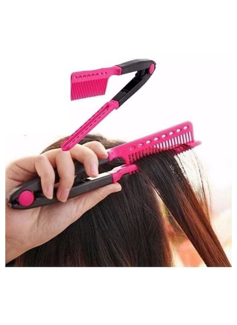 Generic - 2-Piece Folding V Comb Hair Straightener Hairdressing Salon Straightening Brush Pink/Black - Image 1
