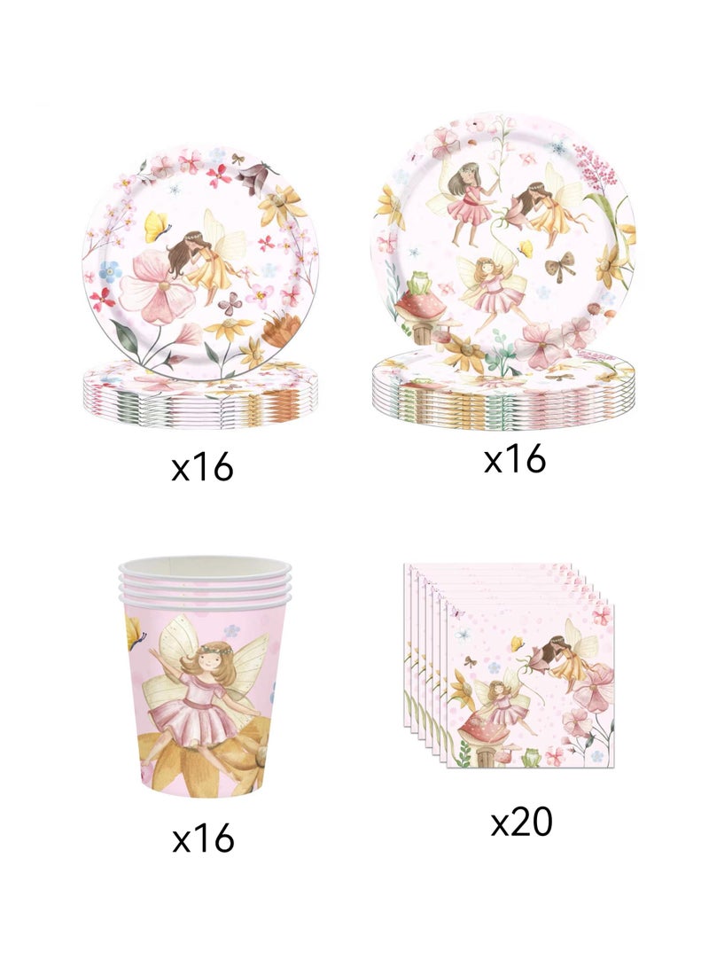 133 PCS Fairy Party Decorations Tableware - Fairy Birthday Party Supplies, Plate, Cup, Napkin, Tablecloth, Cutlery, Flower Fairies Enchanted Forest Garden Birthday & Baby Shower Decorations | Serve 16 - Image 2