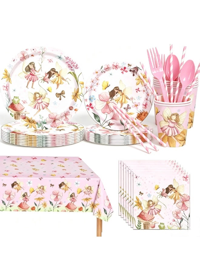 133 PCS Fairy Party Decorations Tableware - Fairy Birthday Party Supplies, Plate, Cup, Napkin, Tablecloth, Cutlery, Flower Fairies Enchanted Forest Garden Birthday & Baby Shower Decorations | Serve 16 - Image 1