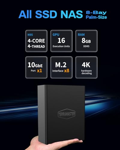 TERRAMASTER F8 SSD NAS Storage - 8Bay All SSD NAS Server N95 QuadCore CPU, 8GB DDR5 RAM, 10GbE Port, 8 Heat Sinks Included, Palm-Sized Powerful Network Attached Storage (Diskless) - Image 2