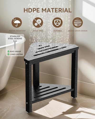 ONSGLM Shower Foot Rest 15in, HDPE Waterproof Shower Stool for Inside Shower, Corner Shower Stool for Shaving Legs with Storage Shelf for Small Space, Shower Step Stool, Plastic Corner Shower Bench, Black - Image 4