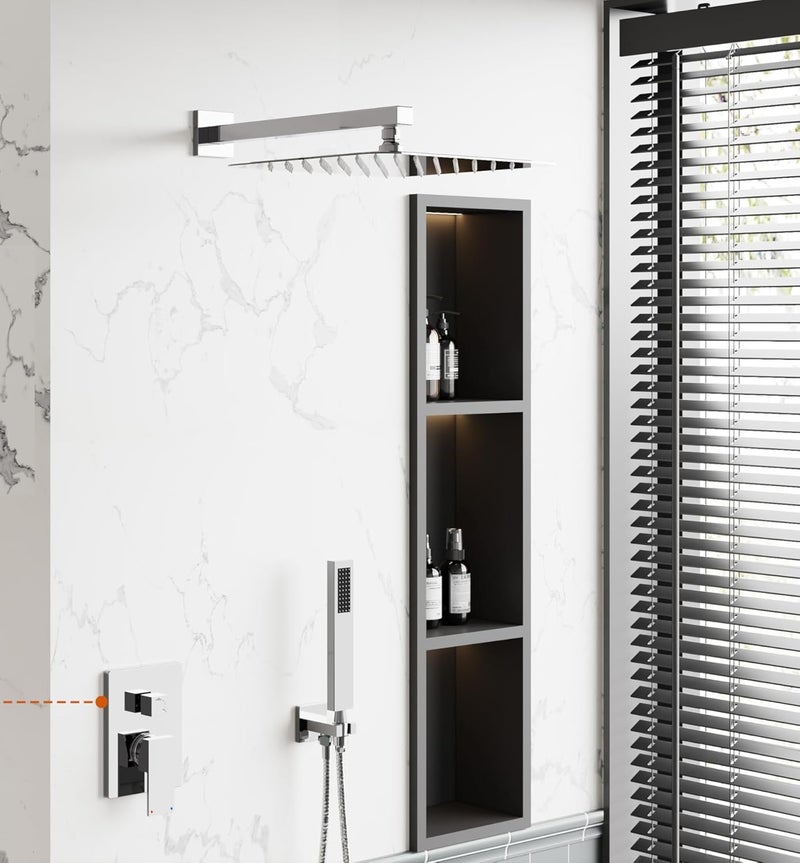 CLINTON دش علوي أنيق من الفولاذ المقاوم للصدأ بدرجة 304 مع ذراع دش ثقيل وحافة جدارية | دش مطري للحمام (كروم، 10 بوصة رأس دش 15 بوصة ذراع) - Image 1