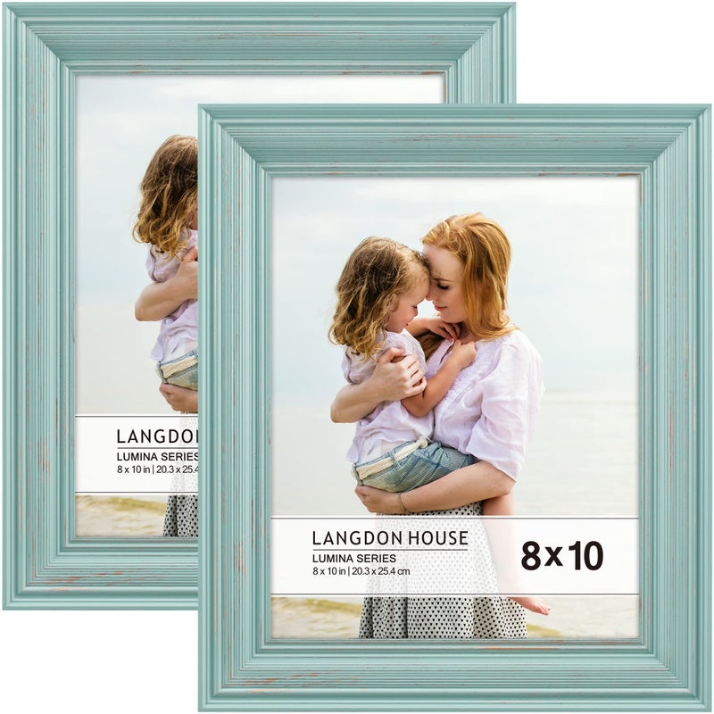 Langdon House 8x10 Real Wood Picture Frames (2 Pack  Eggshell Blue - Gold Accents)  Wooden Photo Frame 8 x 10  Wall Mount or Table Top  Lumina Collection