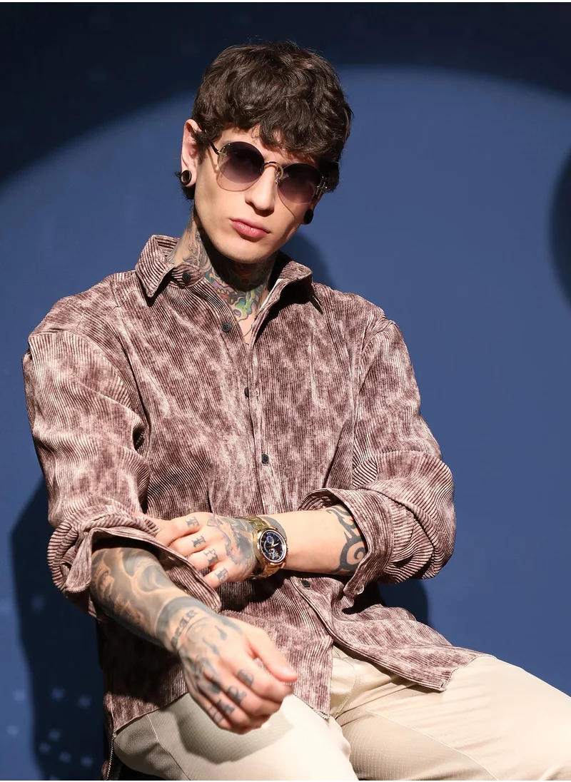 كامبوس سوترا Men's Russet Brown Faded Corduroy Relaxed Shirt For Casual Wear | Spread Collar | Long Cuffed Sleeves | Button Closure | Shirt Crafted With Comfort Fit For Everyday Wear
