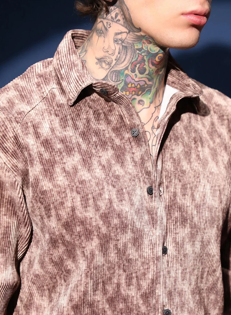 Campus Sutra Men's Russet Brown Faded Corduroy Relaxed Shirt For Casual Wear | Spread Collar | Long Cuffed Sleeves | Button Closure | Shirt Crafted With Comfort Fit For Everyday Wear