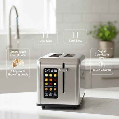 Bio Me BIOME SmartToast™ Digital Touchscreen 2-Slice Toaster | 6 Bread Types & 6 Browning Levels | Reheat & Defrost | Large Color Screen | Free Sandwich Maker & Bamboo Tong - Image 2