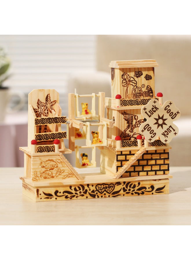 Three-story Cottage Windmill Music Box Decoration Creative Desktop Decoration Wooden Eight-tone Student Couple Gift-Color:White Windmill Music Box-Size:Random Pattern Color - Image 3