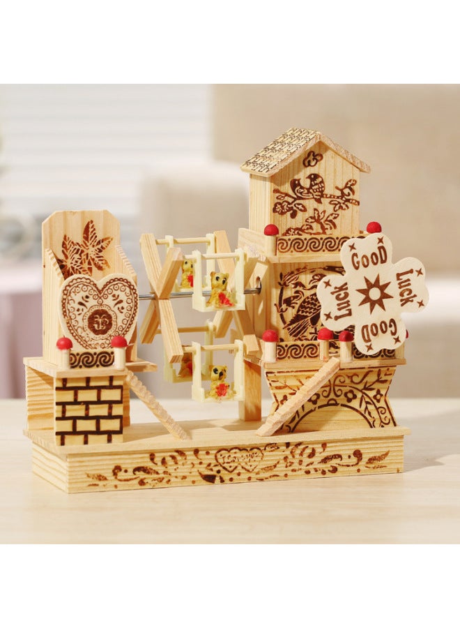 Three-story Cottage Windmill Music Box Decoration Creative Desktop Decoration Wooden Eight-tone Student Couple Gift-Color:White Windmill Music Box-Size:Random Pattern Color - Image 2