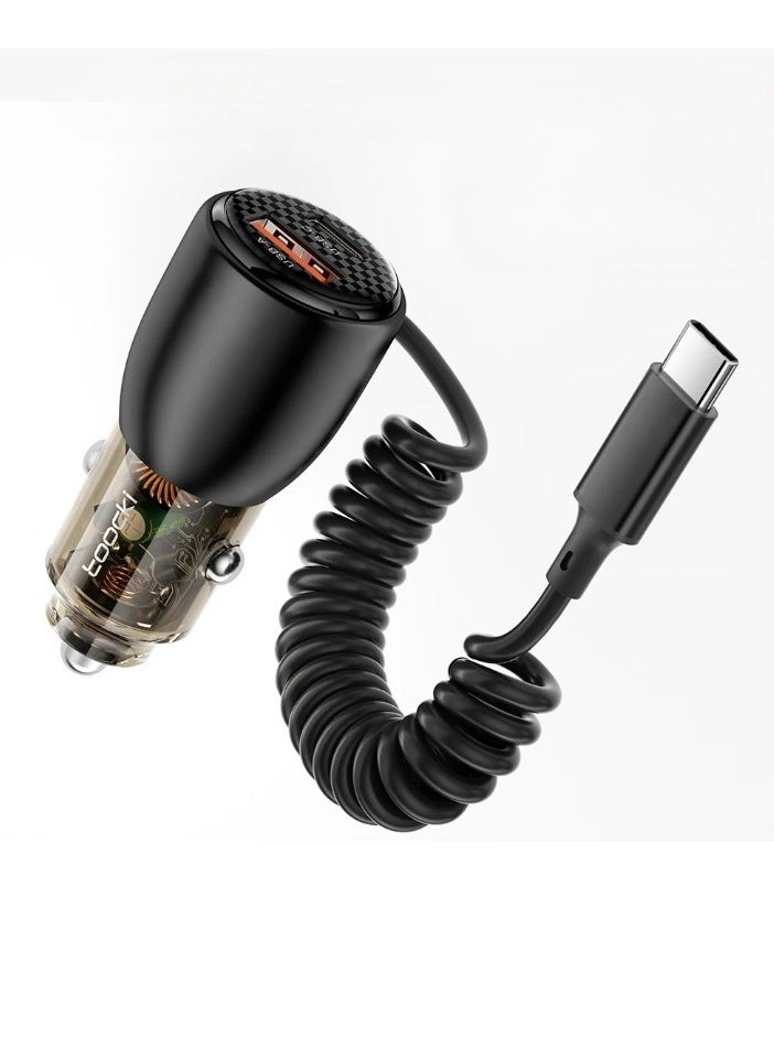 شاحن سيارة USB، شاحن شحن سريع PD QC 3.0 نوع C، محول شحن هاتف محمول خفيف الوزن مع كابل زنبركي من النوع C لهاتف Iphone 15 14 Xiaomi Samsung، (قطعة واحدة، أسود)  - Image 1