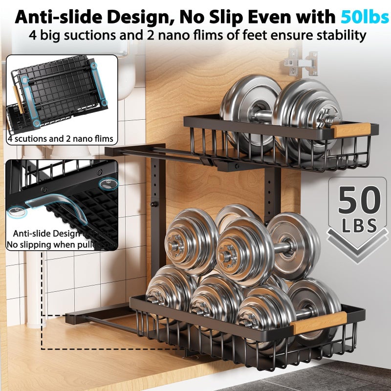 Liuoud Under Sink Organizer 2 Pack, 2 Tier Slide Out Large Capacity Height Adjustable Under Sink Organizers and Storage for Kitchen Bathroom Cabinet, Black - Image 4