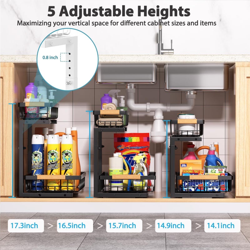 Liuoud Under Sink Organizer 2 Pack, 2 Tier Slide Out Large Capacity Height Adjustable Under Sink Organizers and Storage for Kitchen Bathroom Cabinet, Black - Image 3