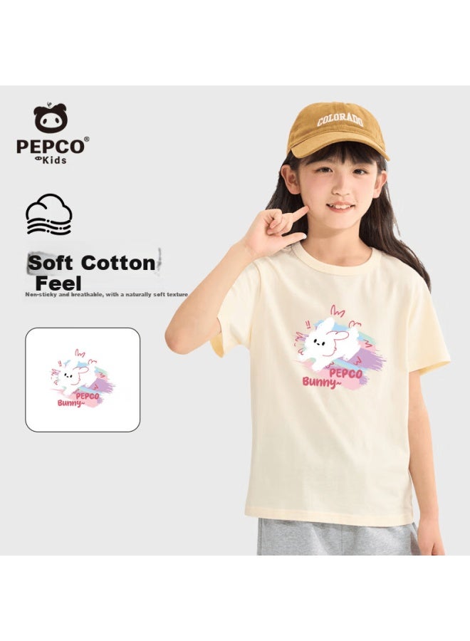 Pepco Girls' T-shirt, Summer  Style, Little Girl's Pure Cotton Casual Round Neck Short Sleeve, For Older Children, Summer Wear, Half-sleeve Top, Thi