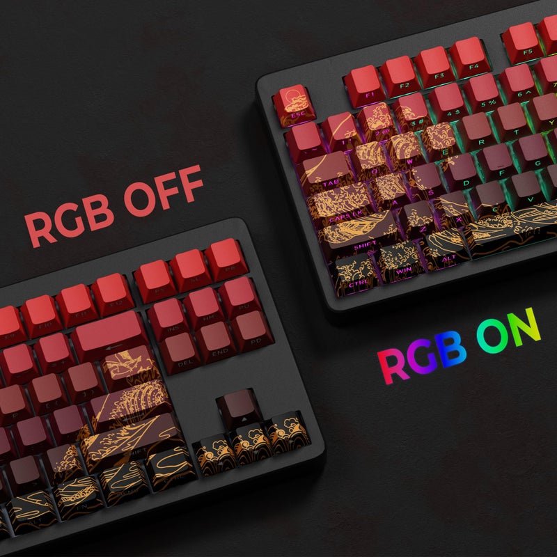 SDYZ XVX Shine Through Keycaps - Double Shot PBT Keycaps 60 65 75 100 Percent, Side Print Key caps Custom 129 Keys Set, Dye Sub Wave of Kanagawa Key caps for Mechanical Keyboards, Red - Image 2