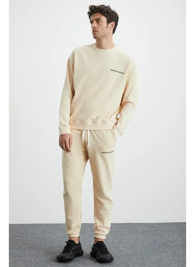 GRIMELANGE Marshall Men's Cotton Lined Fleece Embroidered Relaxed Vanilla Tracksuit Set.