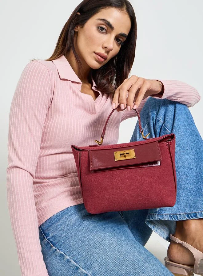Burgundy Fabric Shopper Handbag with Gold Tone Hardware