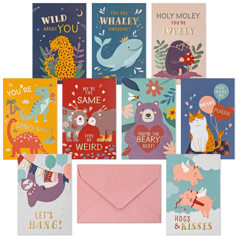 Prims & Flourish Valentines Day Cards for Kids School, 36-Pack Animal-Themed Funny Valentine's Exchange Cards for Classroom with Gold Foil and Emboss Details, 4 x 6 Inches, Blank on the Inside, Envelopes Included - Image 1