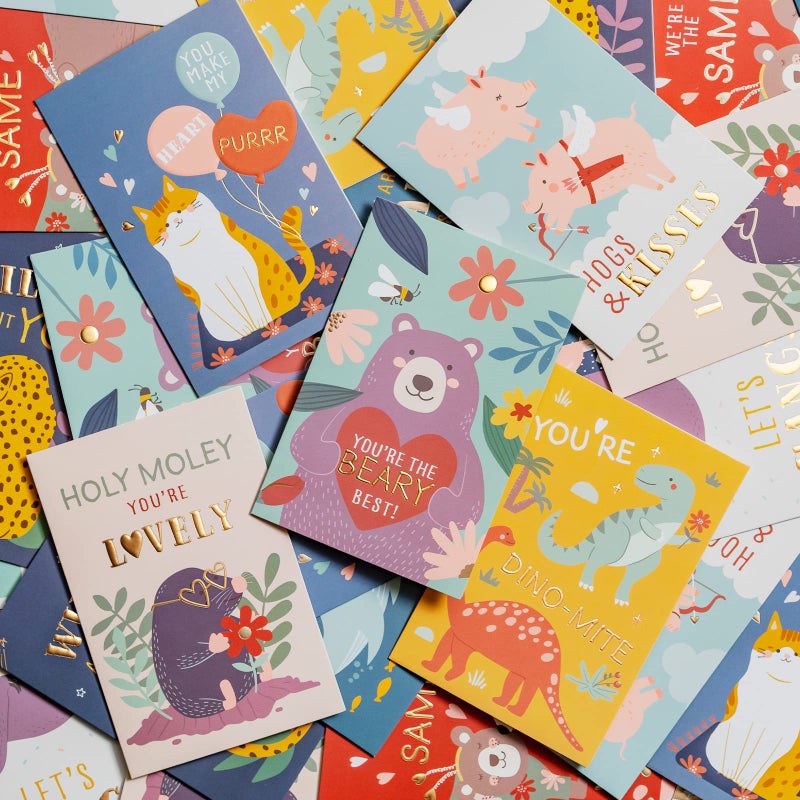 Prims & Flourish Valentines Day Cards for Kids School, 36-Pack Animal-Themed Funny Valentine's Exchange Cards for Classroom with Gold Foil and Emboss Details, 4 x 6 Inches, Blank on the Inside, Envelopes Included - Image 2