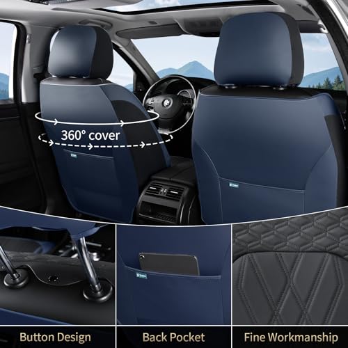 FLORICH Leather Front Car Seat Covers Waterproof Durable Front Seat Protector for Cars Luxury Seat Cover Breathable Vehicle Seat Cushion Universal Fit for Most Car Truck SUV, Black&Blue - Image 2