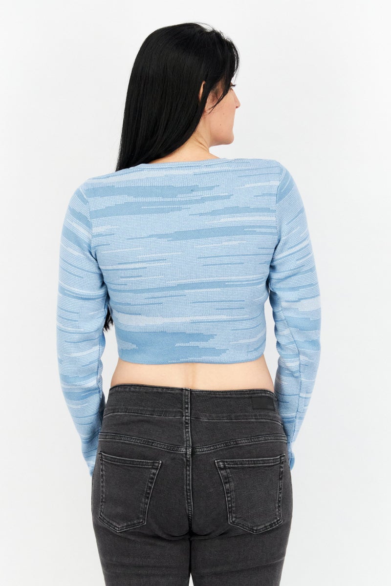 NA-KD Women Crew Neck Fine Knitted Cropped Sweater, Blue - Image 3