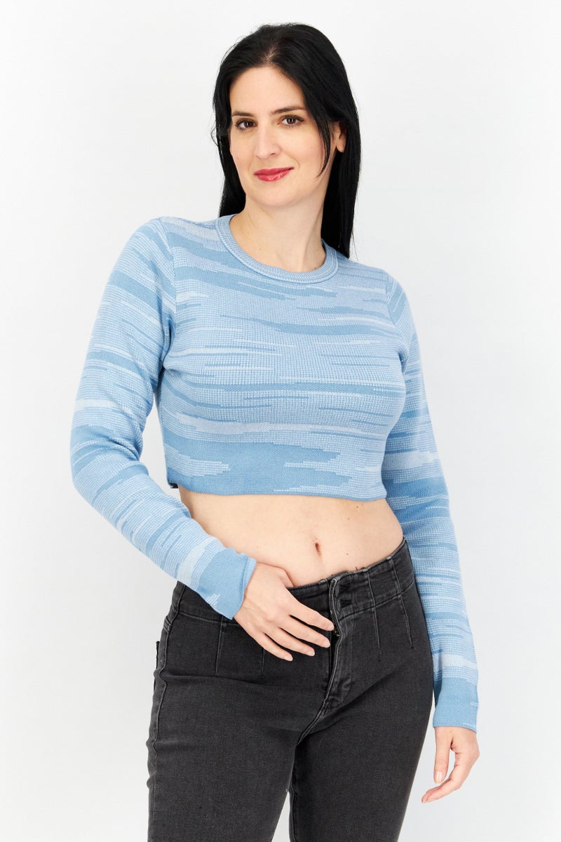 NA-KD Women Crew Neck Fine Knitted Cropped Sweater, Blue - Image 1