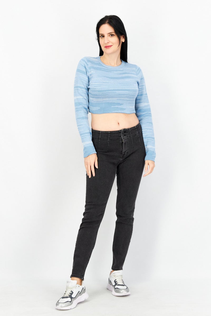 NA-KD Women Crew Neck Fine Knitted Cropped Sweater, Blue - Image 2