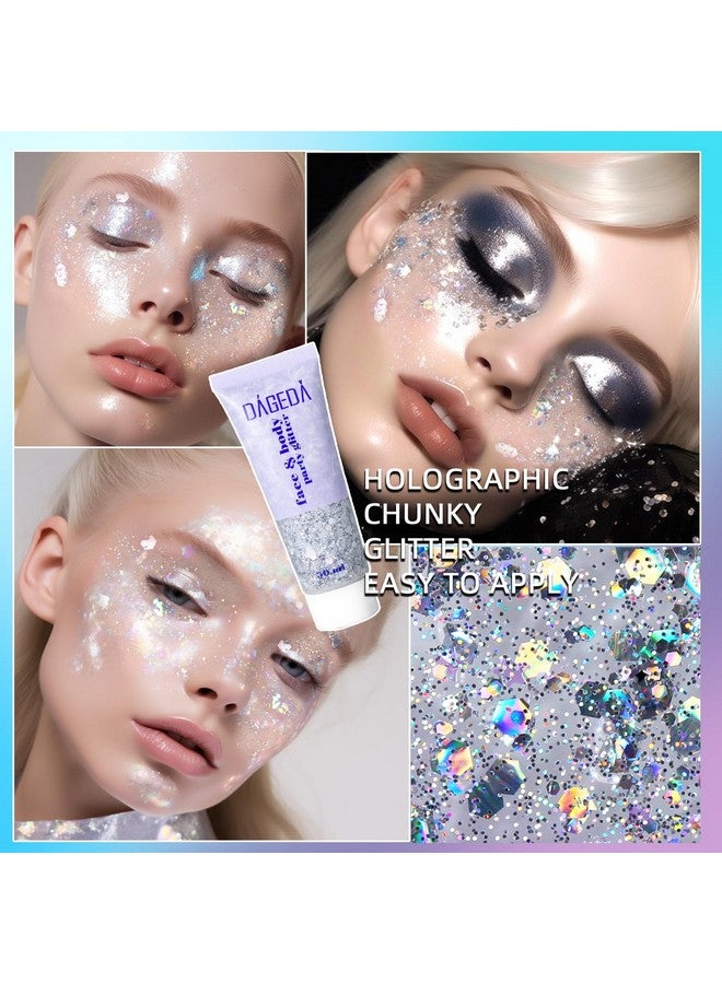 DAGEDA Body Glitter Gel, Body Sequins Shimmer Liquid Eyeshadow, Chunky Glitter For Face Hair Nails, Holographic Cosmetic Laser Powder Festival Glitter Makeup 50Ml(Silver) - Image 3