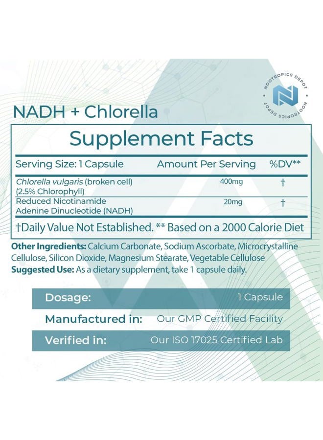 Nootropics Depot NADH + Chlorella vulgaris (Broken Cell) 400mg Capsules | Nicotinamide Adenine Dinucleotide 20mg | Chlorophyll 10mg | Energy, Alertness, Mental Clarity & Healthy Aging, 30 Count - Image 2