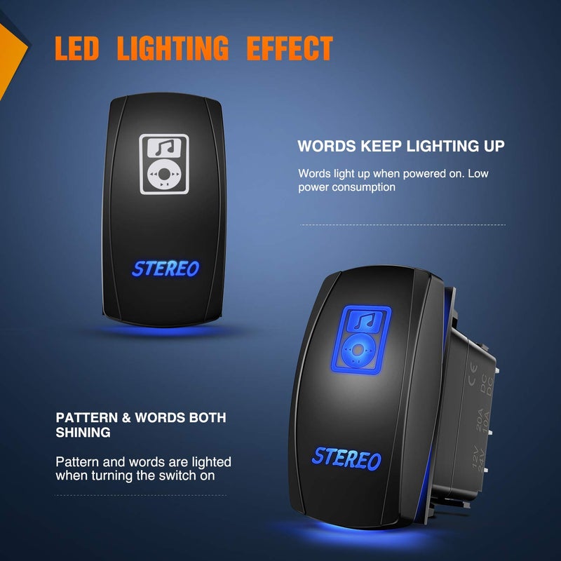 Nilight LED Light Bar Rocker Switch Stereo Rocker Switch 5 Pin Laser On/Off Switch 20A/12V 10A/24V Switch Jumper Wires Set(90006B) , Blue - Image 4