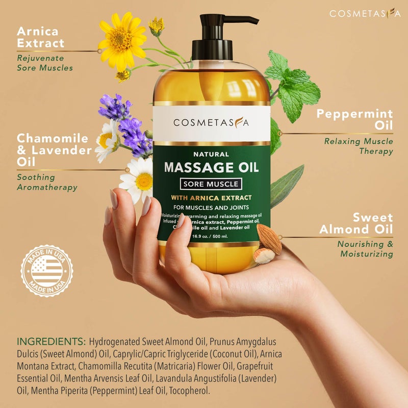Cosmetasa Sore Muscle Massage Oil for Massage Therapy â€“ All Natural, Cruelty-Free Full Body Massage Oils for Muscle Relaxing & Joint Comfort â€“ Arnica Extract with Chamomile & Lavender Oil (16.9 oz) - Image 2