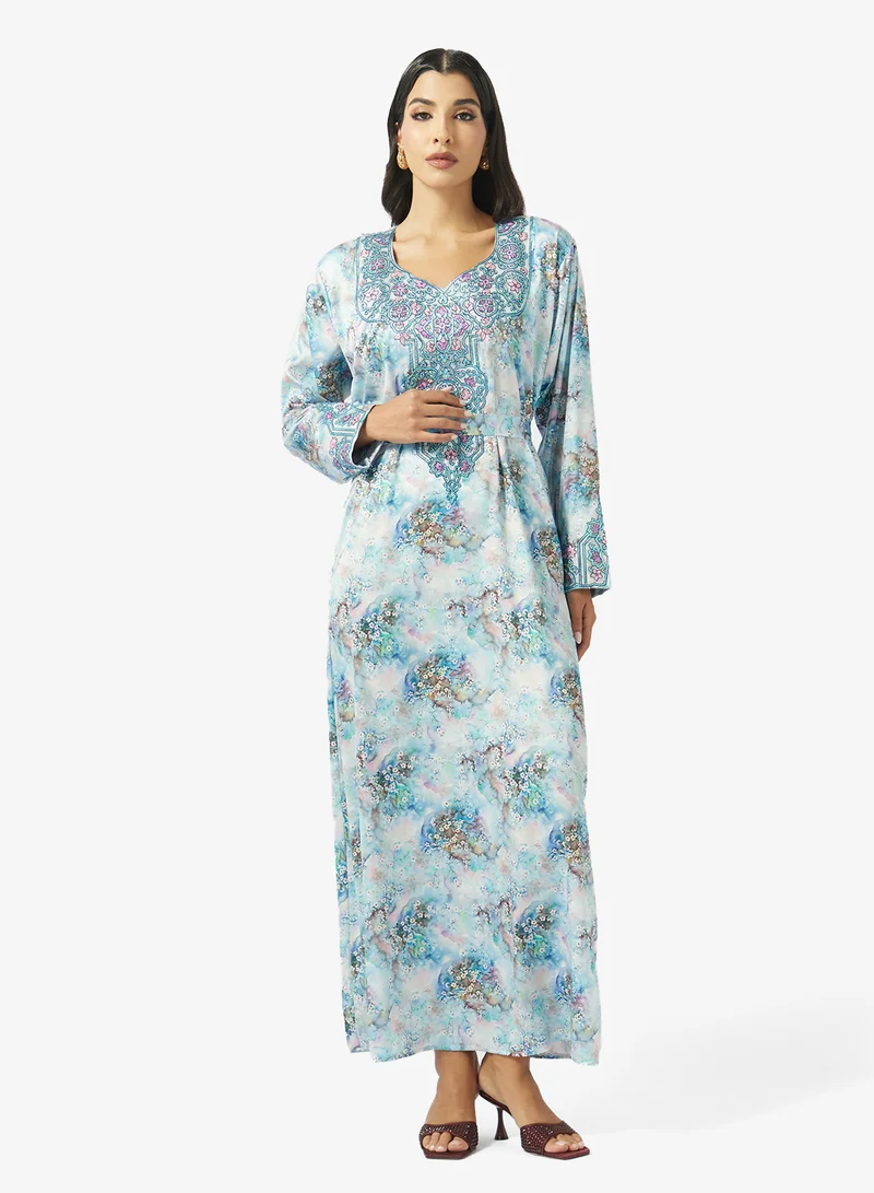 Floral Embroidery And Belt Jalabiya