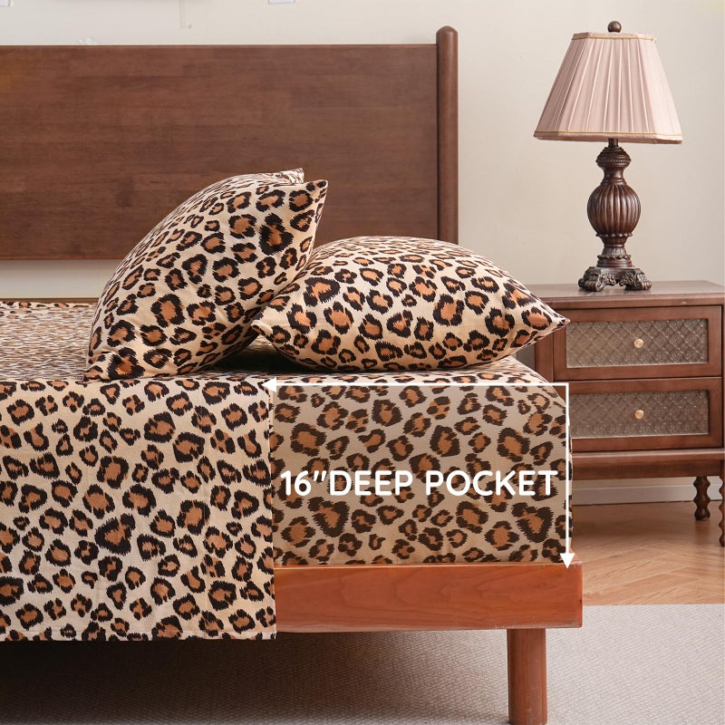 LONAVA 100% Cotton Flannel Sheet Set 4 Pieces, Heavy-Duty Fluffy Flannel Design, Thermal Lock Technology, 16 inch Deep Pocket Cozy Soft Bedsheets,(King,Brown Leopard) - Image 5