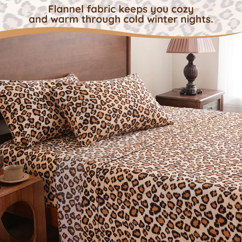 LONAVA 100% Cotton Flannel Sheet Set 4 Pieces, Heavy-Duty Fluffy Flannel Design, Thermal Lock Technology, 16 inch Deep Pocket Cozy Soft Bedsheets,(King,Brown Leopard) - Image 2