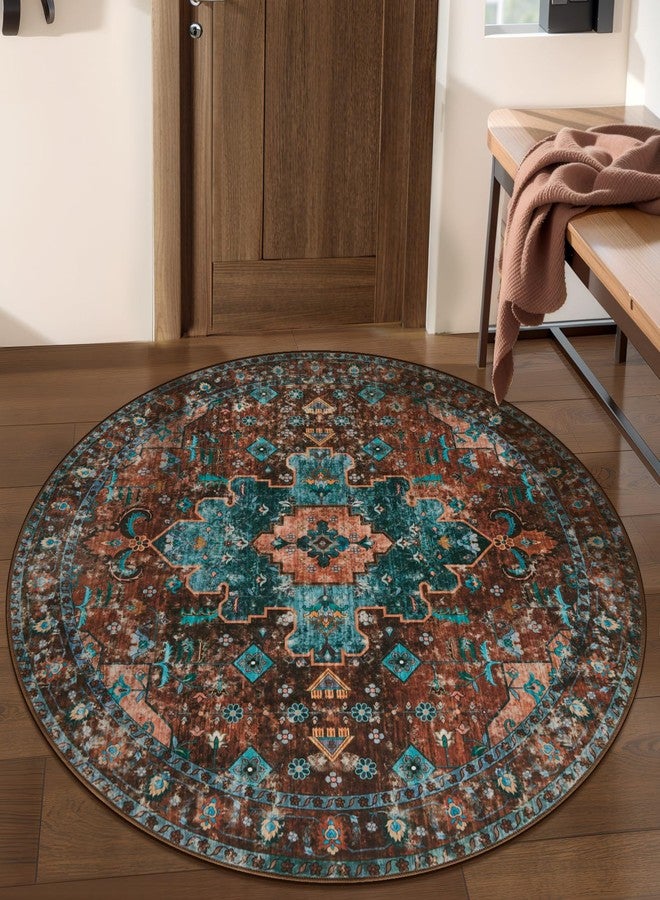 Ciicool Boho Area Rug 4x4ft Round Washable Bedroom Non-Slip Vintage Entryway Throw Low-Pile Indoor Carpet for Living Room Foyer(Brick Red/Dull Teal) - Image 2