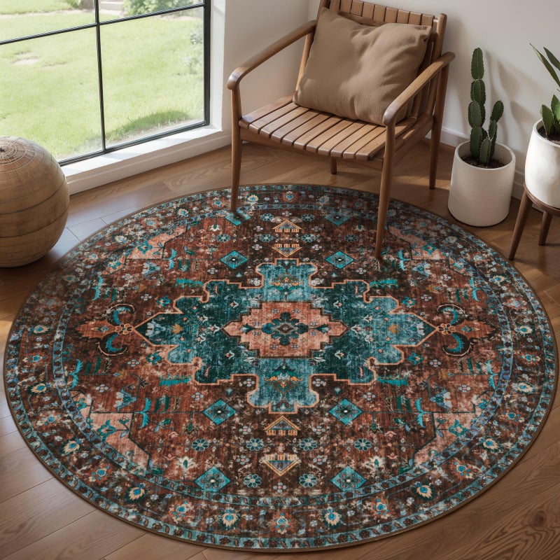 Ciicool Boho Area Rug 4x4ft Round Washable Bedroom Non-Slip Vintage Entryway Throw Low-Pile Indoor Carpet for Living Room Foyer(Brick Red/Dull Teal) - Image 1