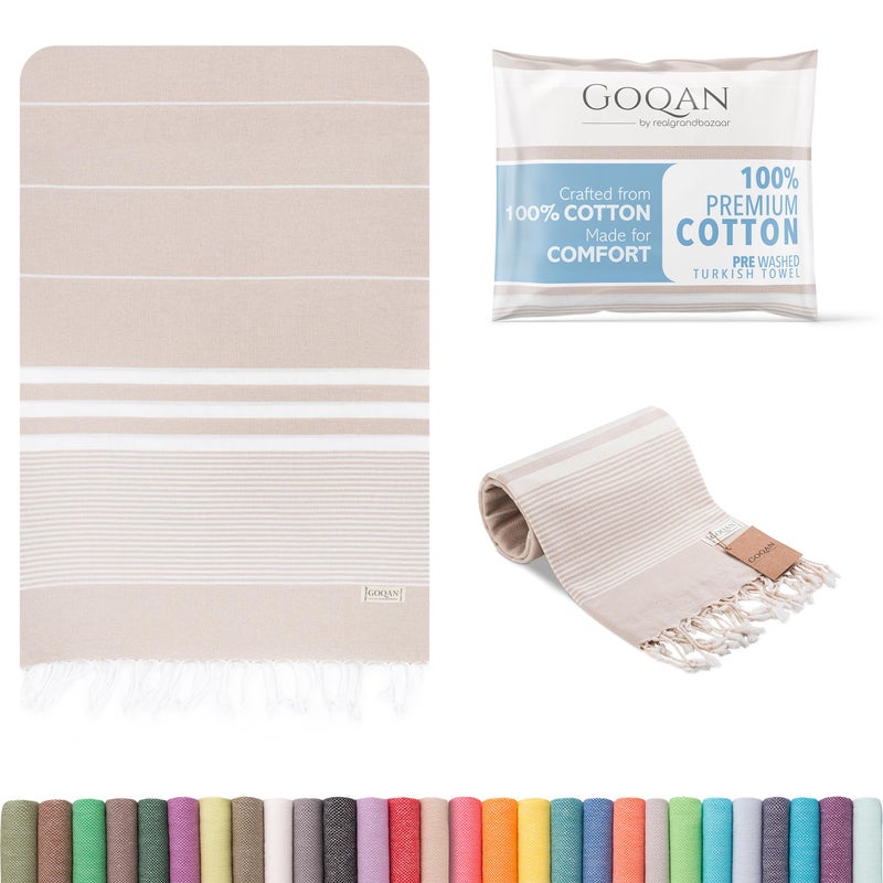 GOQAN Turkish Beach Towel Oversized 39x71  Thin Lightweight 100 Cotton and Sand Free Towel is Suitable for Beach Bathroom Pool Travel  Swim  Odor Free Thanks to Quick Dry Property  Beige