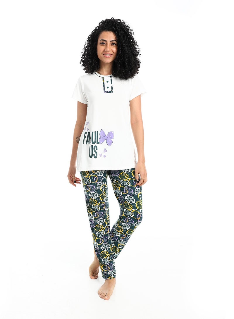 سيزار بيجامة حريمي صيفي نصف كم مزودة بطباعات عل الصدر - Image 1