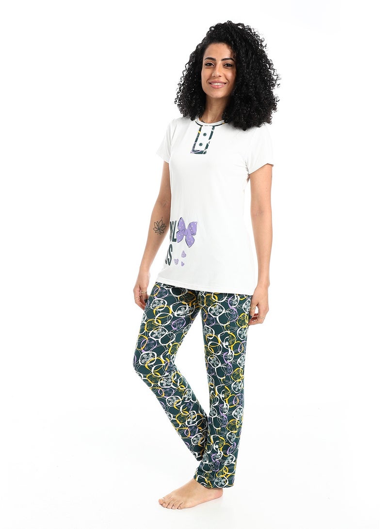 سيزار بيجامة حريمي صيفي نصف كم مزودة بطباعات عل الصدر - Image 2