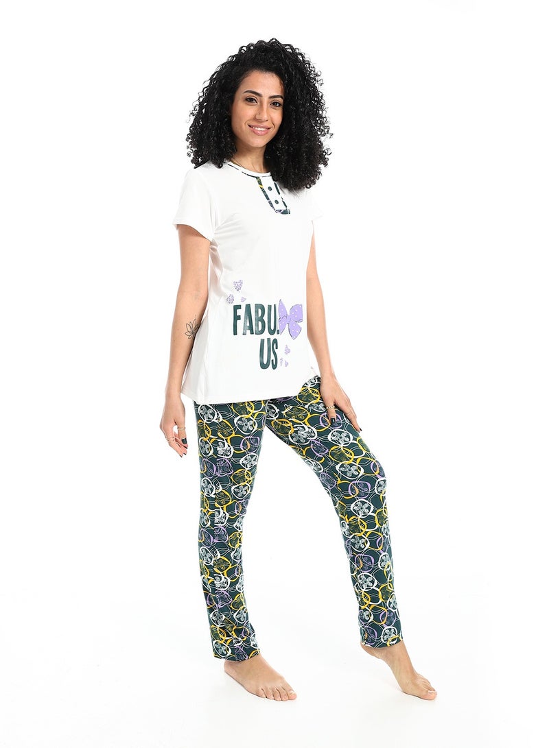 سيزار بيجامة حريمي صيفي نصف كم مزودة بطباعات عل الصدر - Image 3