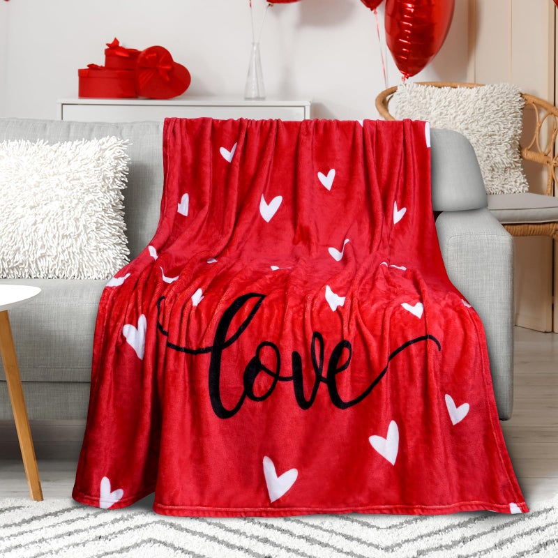 Jectivs Valentines Day Flannel Throw Blanket Home Decor  50 X 60 Inch White Love Heart Red Soft Warm Cozy Fleece Flannel Blankets For Couch Sofa Office Bedding Valentines Gifts For Kids Wife Mother - Image 1